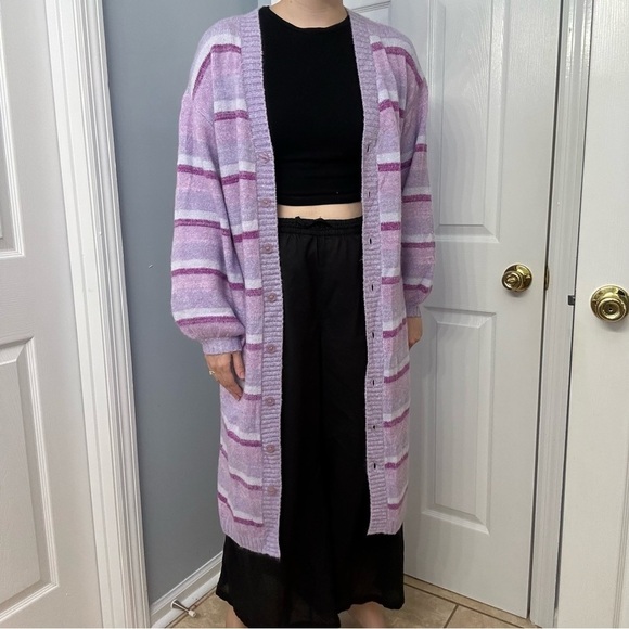 Lovers + Friends Cardigan Sweater Long Striped Knit Purple Size Extra Small New - Picture 2 of 7